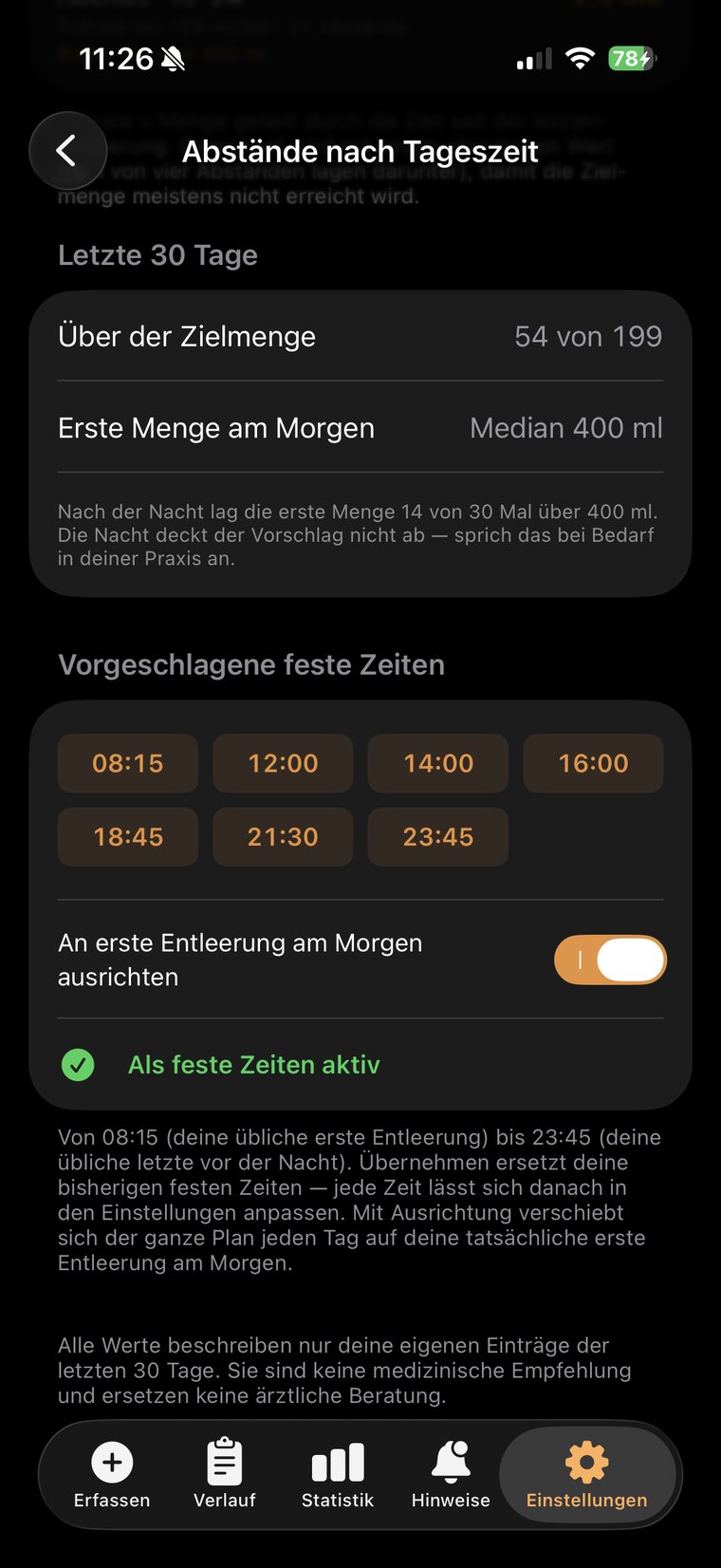 Abstände nach Tageszeit mit vorgeschlagenen festen Zeiten und Schalter zur Ausrichtung am Morgen