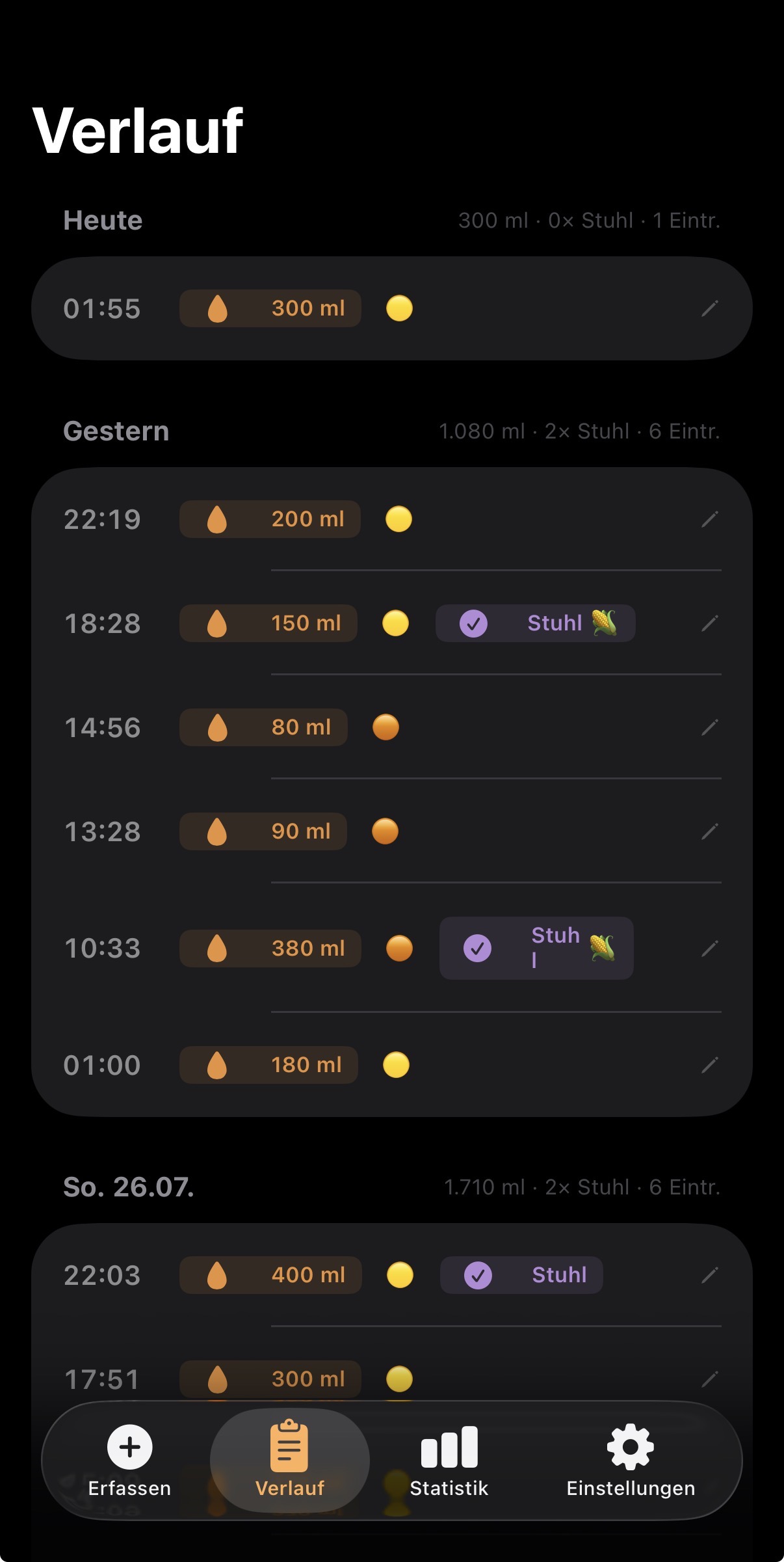Heute-Ansicht mit laufendem Erinnerungstimer und den letzten Eintraegen