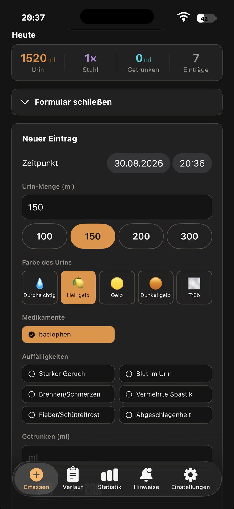 New entry with volume, color scale and medication picker